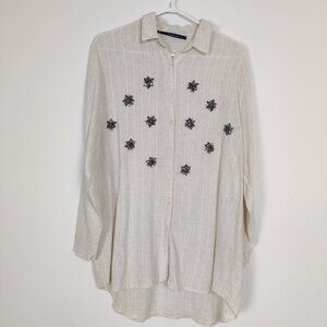 ORFEONEGRO Women's Shirt XL Cream White Striped Viscose Linen Upcycled Embellish